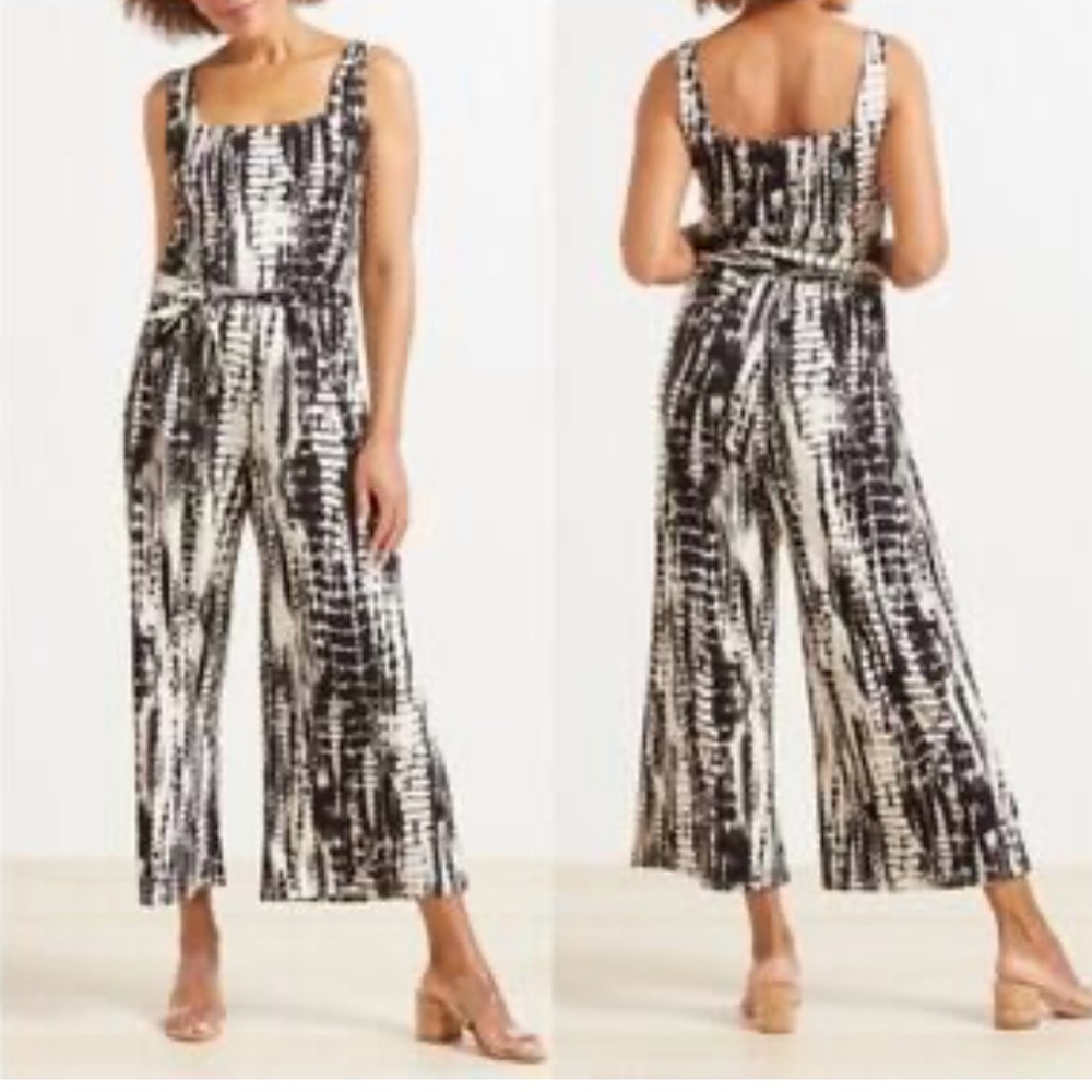Peyton Jensen Stylish Black and White Tie-Dye Jumpsuit w/belt and wide leg